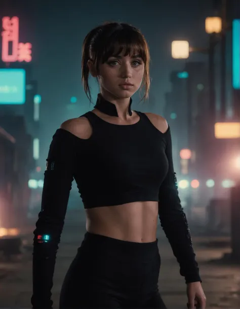 j0i woman,her hair is styled with bangs ,dramatic lighting,volumetric lighting,film grain,cinematic,looking at camera,depth of field,bokeh,wearing black outfit, full body shot,cyberpunk cityscape background