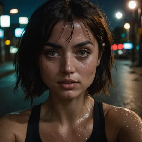 high resolution photo close up of j0i woman,(sweaty skin),gloomy,dimly lit,taking a selfie in street,surreal dramatic lighting