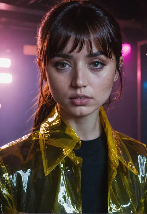 high resolution photo close up of j0i woman,her hair is styled with bangs,wearing raincoat,(sweaty skin),gloomy,dimly lit,taking a selfie in a cyperpunk club,surreal dramatic lighting,sad