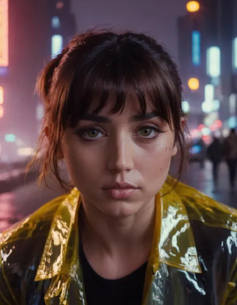 j0i woman,her hair is styled with bangs ,dramatic lighting,volumetric lighting,film grain,cinematic,looking at camera,depth of field,bokeh,wearing raincoat, full body shot,cyberpunk cityscape background