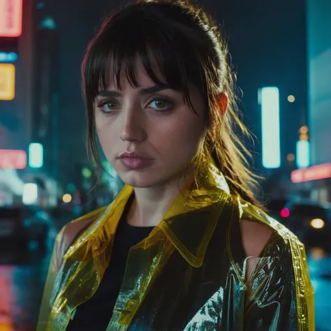 j0i woman,her hair is styled with bangs,she is wearing a raincoat,raining,dramatic lighting,volumetric lighting,film grain,cinematic,looking at camera,depth of field,bokeh,cyberpunk cityscape background