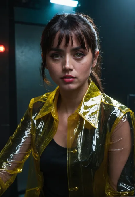 high resolution photo close up of j0i woman,her hair is styled with bangs,wearing raincoat,(sweaty skin),gloomy,dimly lit,taking a selfie in a cyperpunk club,surreal dramatic lighting,sad