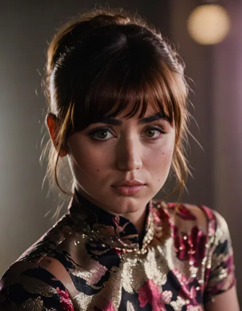 j0i woman,her hair is styled with bangs ,dramatic lighting,volumetric lighting,film grain,cinematic,looking at camera,depth of field,bokeh,wearing multicolored dress