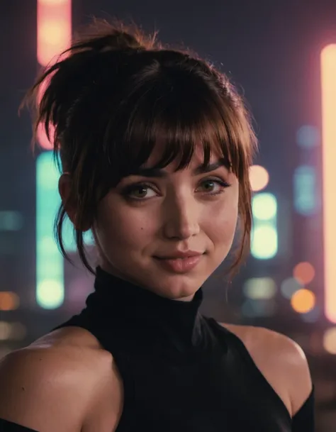 j0i woman,her hair is styled with bangs ,dramatic lighting,volumetric lighting,film grain,cinematic,looking at camera,depth of field,bokeh,wearing black outfit, full body shot,cyberpunk cityscape background,smiling