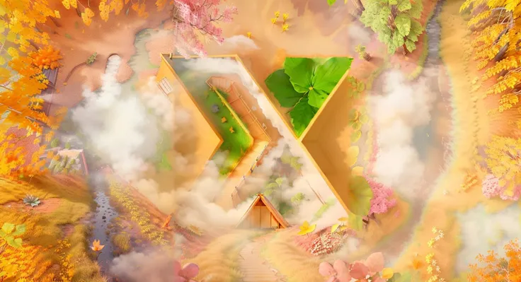 masterpiece,best quality,3ddianshang\(style\),no humans,scenery,outdoors,vibrant colors, falling leaves, golden hues, pumpkin patch, hayrides, misty forest, leaf-strewn paths, migrating birds, bountiful crops,Golden forests with yellow leaves,(Top view:1.2),<lora:3ddianshangv1:0.65>,
