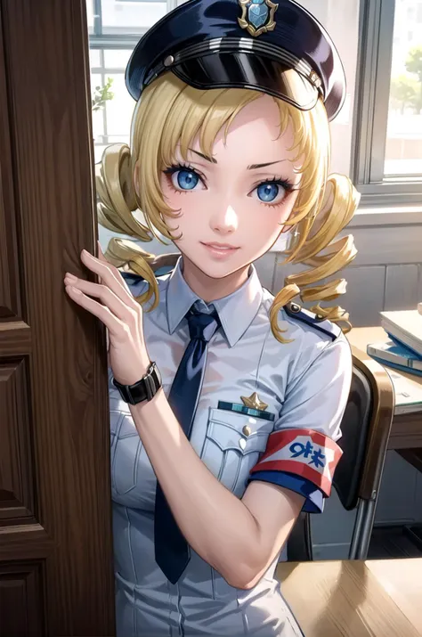 (masterpiece, best quality, detailed), 1girl, solo, CCatherine, twintails, drill hair, looking at viewer, 
policewoman, police uniform, police hat, necktie, pencil skirt, armband, breast pocket, holster, indoors, office, desk, office chair, <lora:peeking_out_upper_body_pruned:1.2>, peeking out upper body, opening door, smirk