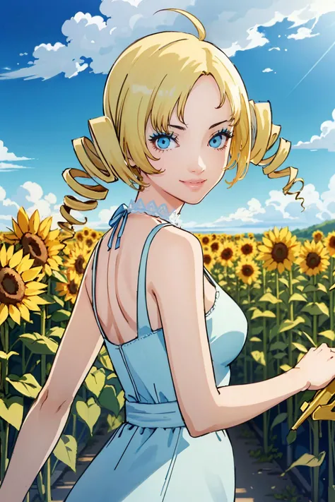 ((ultra detailed, masterpiece, best quality))
<lora:CCatherine:0.9>
CCatherine, 1girl, solo, twintails, drill hair, surrounded by sunflowers in a bright field, smiling, happy