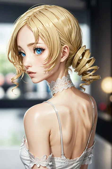 Cath, 1girl, solo, blonde hair, blue eyes, drill hair, looking back, choker, twin drills, from behind, looking at viewer, bare shoulders, twintails, upper body, makeup, back, lips, ahoge, lace, blurry, eyelashes
<lora:epi_noiseoffset2:1>, <lora:Cath:0.7>