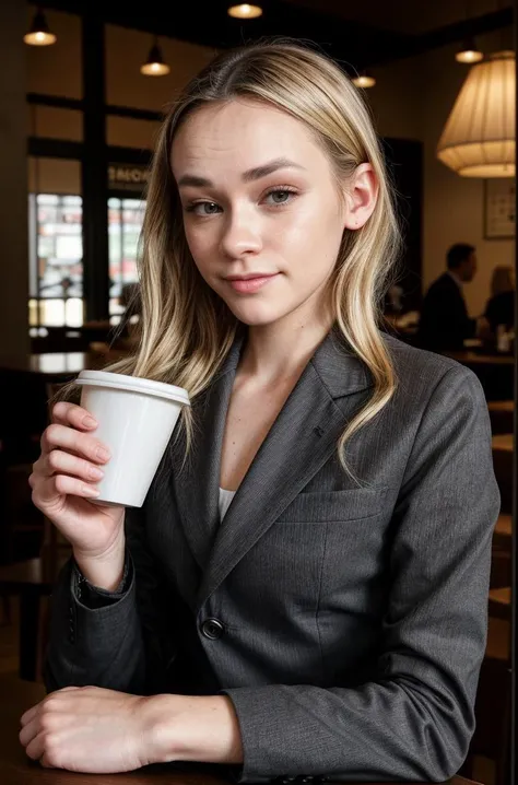 Photo, young woman, S350_KhloeKingsley, (( Business suit, detailed eyes)), sitting at a table  in a coffee shop, holding a cup of coffee. volumetric lighting .
<lora:more_details:1>
