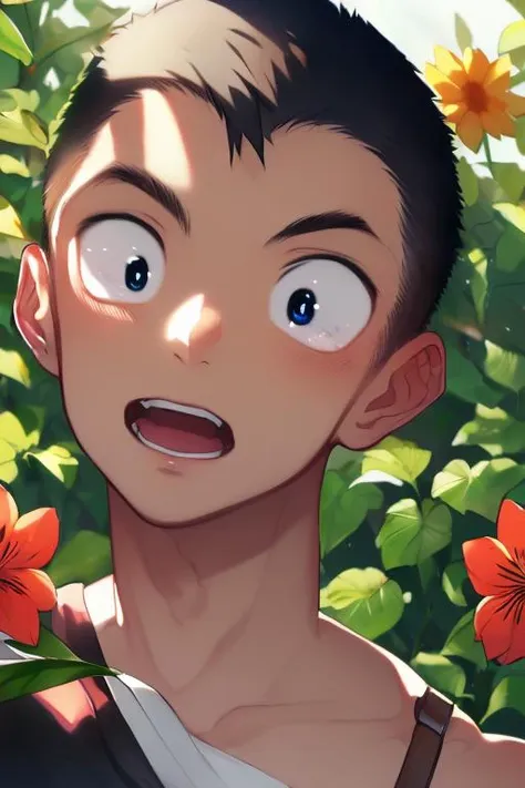 anime artwork, master piece, best quality, BREAK 1boy, solo,
jyunzaburou, detailed hair, transparent hair, looking at viewer, Delicate eyes, beautiful eyes, detailed eyes, upper body hi res, detailed, perfect bow,outdoor, (holding flower:1.3) dutch angle, In the garden,clean, beautiful face, pure face, pale skin, (hyper extreme detailed:1.05), stunning lighting effects, warm light projection,  ((male short hair)),((boys short hair)), ((very short hair)), black hair, black eyes,  <lora:jyunzaburouSD:1.5>