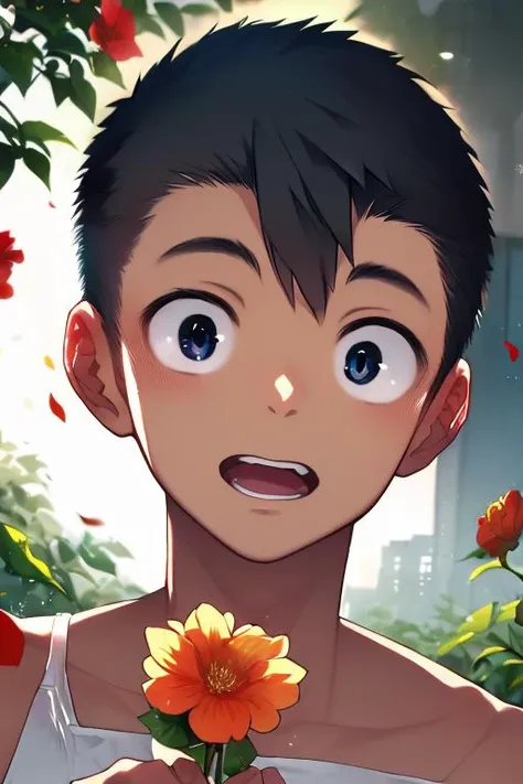 anime artwork, master piece, best quality, BREAK 1boy, solo,
jyunzaburou, detailed hair, transparent hair, looking at viewer, Delicate eyes, beautiful eyes, detailed eyes, upper body hi res, detailed, perfect bow,outdoor, (holding flower:1.3) dutch angle, In the garden,clean, beautiful face, pure face, pale skin, (hyper extreme detailed:1.05), stunning lighting effects, warm light projection,  ((male short hair)),((boys short hair)), ((very short hair)), black hair, black eyes,  <lora:jyunzaburouSD:1.5>