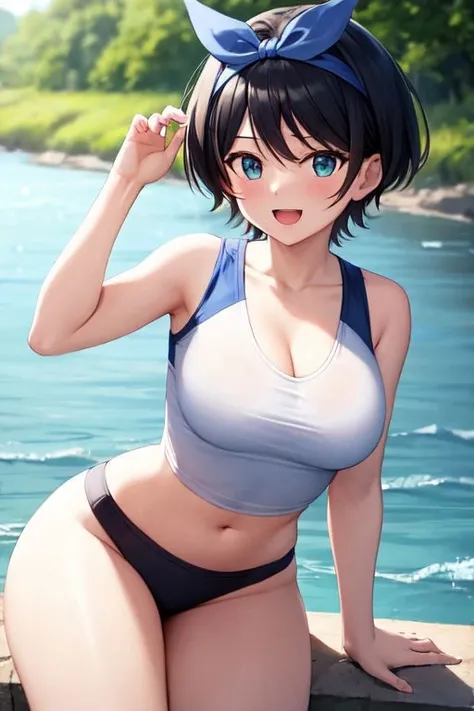 masterpiece, best quality, girl, sportswear,
(mature female:1.3), large breasts,
short hair, black hair, hair bow, blue eyes , :d,
river, flower