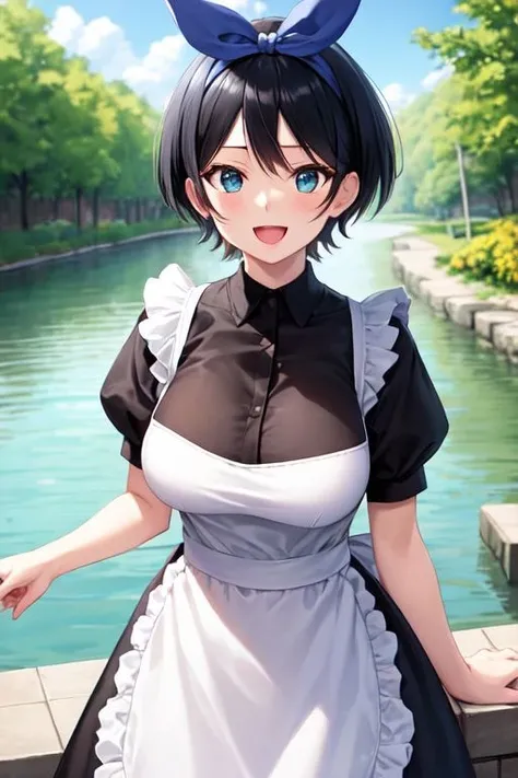masterpiece, best quality, girl, maid apron , hair bow,
(mature female:1.3), large breasts,
short hair, black hair, blue eyes , :d,
river, flower
