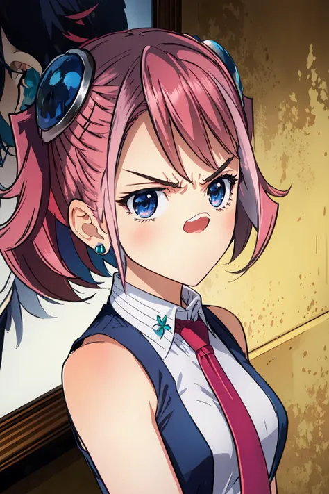 (masterpiece, best quality),  intricate details, 
1girl,  <lora:hiiragi_yuzu_v1:0.8> hy1, hair ornament, multicolored hair, necktie, skirt, sleeveless, school uniform, black thighhighs, jewelry, 
 <lora:noNose_:1.3> face focus, portrait, angry, looking at viewer,