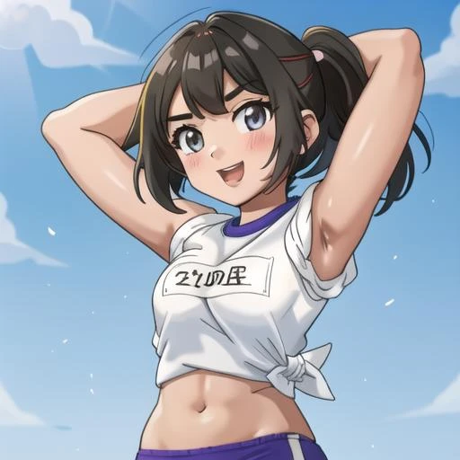 <lora:rolled-ocv2-06:1>, r0lled, 1girl, white shirt, standing, school gym, gym shorts, tied shirt, bare arms