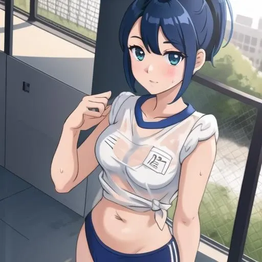 <lora:rolled-ocv2-06:1>, r0lled, 1girl, standing, white shirt, tied shirt, gym shorts