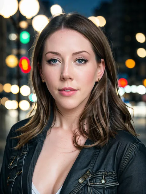 Katherine Ryan, RAW photo, a portrait photo of woman in casual clothes, night, city street, (high detailed skin:1.2), 8k uhd, dslr, soft lighting, high quality, film grain, Fujifilm XT3 <lora:Katherine-Ryan-v10:0.7>