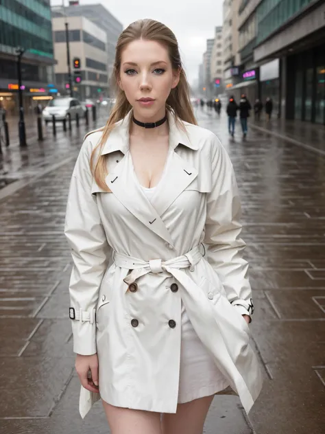 photo of Katherine Ryan, a woman, RAW, close portrait photo, trench coat, long high_ponytail, pale skin, slim body, (high detailed skin:1.2), city sidewalk, rainy day, 8k uhd, dslr, soft lighting, high quality, film grain, Fujifilm XT3 sharp focus, f 5.6 <lora:Katherine-Ryan-v10:0.7>