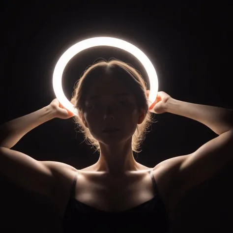 The image portrays a mesmerizing and ethereal scene that captivates the viewer's imagination. In the darkness, a woman's figure is illuminated by a circular light that frames her head. This striking visual effect creates an otherworldly atmosphere, evoking feelings of mystery and enchantment.
The woman holds a ring in front of the light, its gleaming presence casting a soft glow on her face. The combination of the ring and the radiant light infuses the scene with a sense of magic and symbolism, suggesting hidden depths and secret meanings.
The composition focuses on the woman's head, which emerges from the darkness and commands attention. Her visage is partially obscured by the whimsical play of light and shadows, adding an element of intrigue and allure. The circular light acts as a halo, enveloping her in an otherworldly aura.
This enigmatic image invites reflection and contemplation, inviting viewers to explore the deeper symbolism and meaning behind the woman, the ring, and the illuminated halo. It represents a visual metaphor for the power of light, transformation, and the transcendence of boundaries, <lora:haloC:0.5>