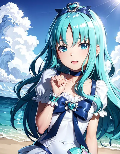 masterpiece,best quality,highres,ultra-detailed,aaerika,aqua hair,long hair,hair ornament,blue theme,magical girl,blue choker,ribbon,heart brooch,dress,white dress,short sleeves,wrist cuffs,blue skirt,thighhighs,white thighhighs,high heels,<lora:kurumi_erika:0.8>,outdoors,standing,:d,peace sign