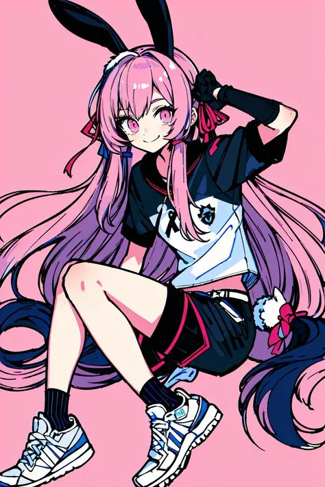 <lora:Kaneni:1>1girl, solo, pink hair, fingerless gloves, long hair, gloves, pink eyes, smile, animal ears, looking at viewer, shorts, rabbit ears, socks, shoes, ribbon, black gloves, sneakers, very long hair, hair ribbon, black shorts