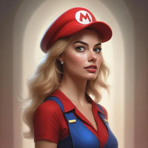 Portrait of (ohwx woman) <lora:margot_lora_sdxl_v1-000006:1> as super Mario, red hat, fantasy, highly detailed, digital painting, artstation, concept art, sharp focus, illustration, art by Tony Sart and artgerm and randy vargas