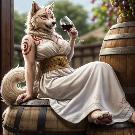 ((amaterasu \(okami\) female)),((wearing roman clothes)), trinking wine ,(wearing a cown made of grapes), sitting on top of a wine barrel , fantasy setting , drunken state, laughing, ((paws)), ((realistic fur, detailed fur:1.3))
BREAK
(masterpiece, best quality, ultra realistic, 4k, 2k, (intricate, high detail:1.2), film photography, soft focus,
RAW photo, ((photorealistic)), analog style, subsurface scattering, photorealism, absurd res), <lora:AmaterasuFRL27nO:0.8>