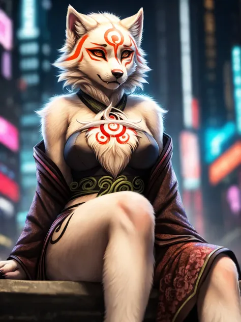 white fur kisune, amaterasu eyes, add high definition_detail:1, blue fur,kitsune ears, tribal tattoo add_detail:1, pretty girl add_detail:1, feudal priestess clothing add_detail:1, japanese shrine scenery add_detail:1, japanese shrine costume add_detail:1, bare left leg add_detail:1, add full body_detail, under a tori gate, super detailed pupils, beautiful eyes, bright pupils 