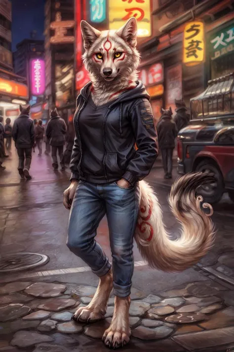 amaterasu \(okami\), female, solo, yellow eyes, black sclera, breast, safe, 4 toes, paws, claws, feet, clothed, wearing black hoodie, jeans, markings, white fur, street, tokyo, neon lights
BREAK,
by rukis, by personalami, by kenket, (intricate, high detail, film photography, soft focus, RAW candid cinema,
photorealism, realistic, photorealistic, analog style, subsurface scattering,
masterpiece, best quality, ultra realistic, 8k)