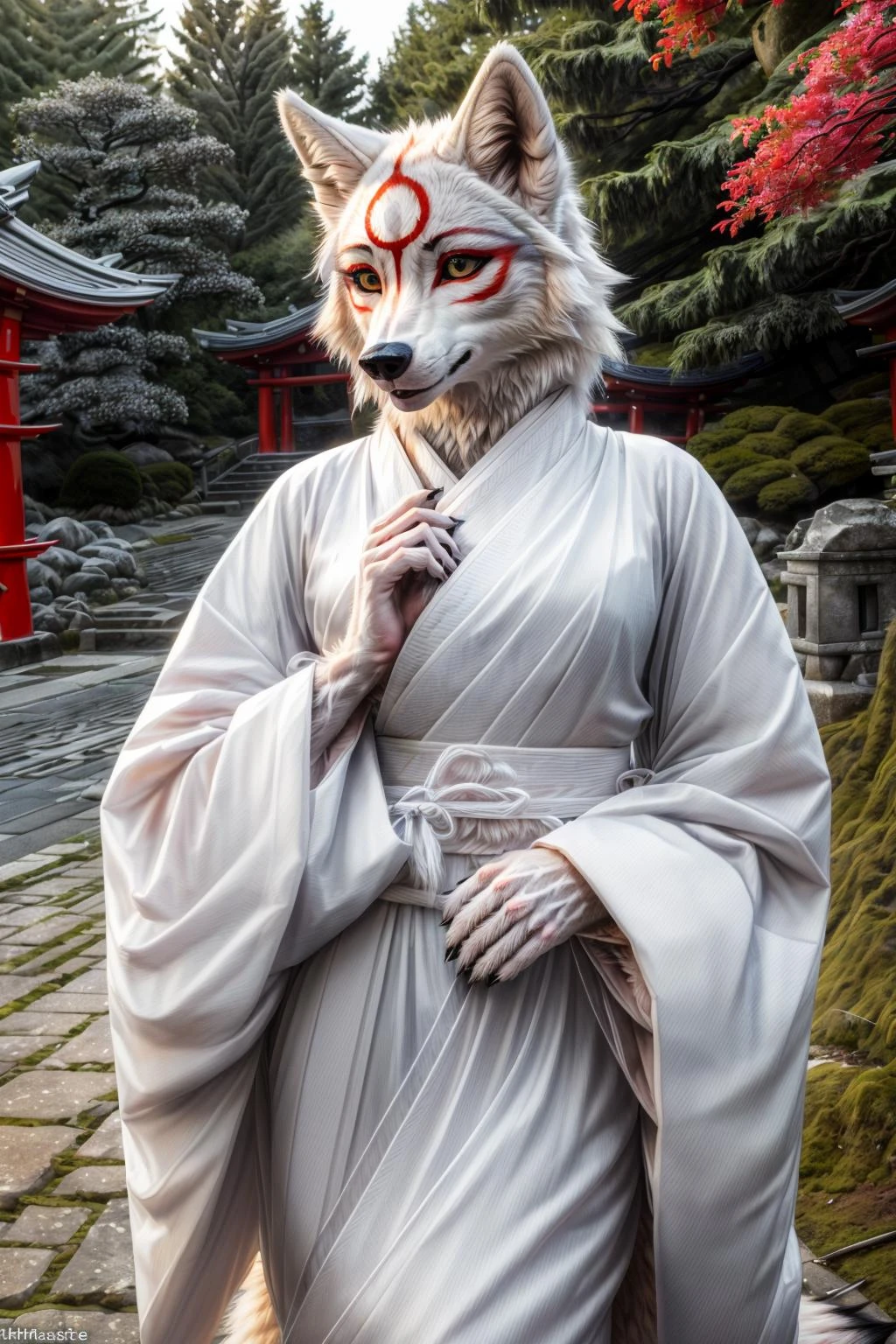 (Highest Quality, UHD, 8k, masterpiece, Amazing Details:1.35), ((unparalleled realism:1.1)), standing in front of japanese torii gate, Shallow Depth of Field, E671, lens 50mm f/2.0, professional full-body portrait,
(anthro amaterasu), lycanthrope, ((clothed)), (uchikake, obi, sash), outside, (highly detailed face, looking at viewer), lycanthrope wolf hands, furry female, furry, eyelashes, black lips, (wolf tail), (wolf paws, digitigrade), detailed anthro wolf hands,
(anthro realistic fur, (pristine white fur:1.2) over entire body, detailed fur texture:1.2), (gynomorph),
<lora:AmaterasuFRL27nO>,
<lora:add_detail:0.75>, <lyco:hd_helper_v1:0.25>, <lora:kimonoClothes_v10:0.75>,