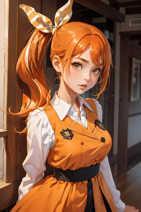 (masterpiece, best quality), 1girl, <lora:hareru:0.8> hareru, side ponytail, hair ribbon, orange hair, white collared shirt, orange dress