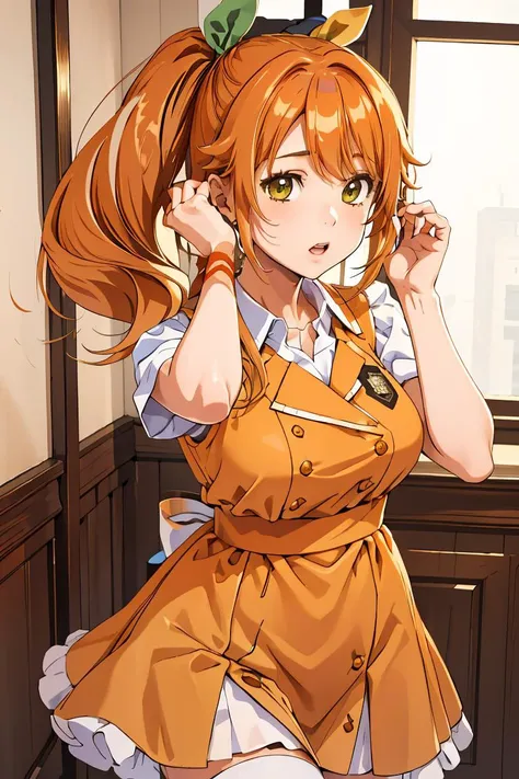 (masterpiece, best quality), 1girl, <lora:hareru:0.8> hareru, side ponytail, hair ribbon, orange hair, white collared shirt, orange dress