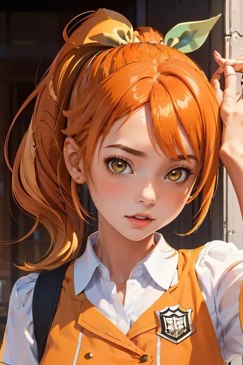 (masterpiece, best quality), 1girl, <lora:hareru:0.8> hareru, side ponytail, hair ribbon, orange hair, white collared shirt, orange dress