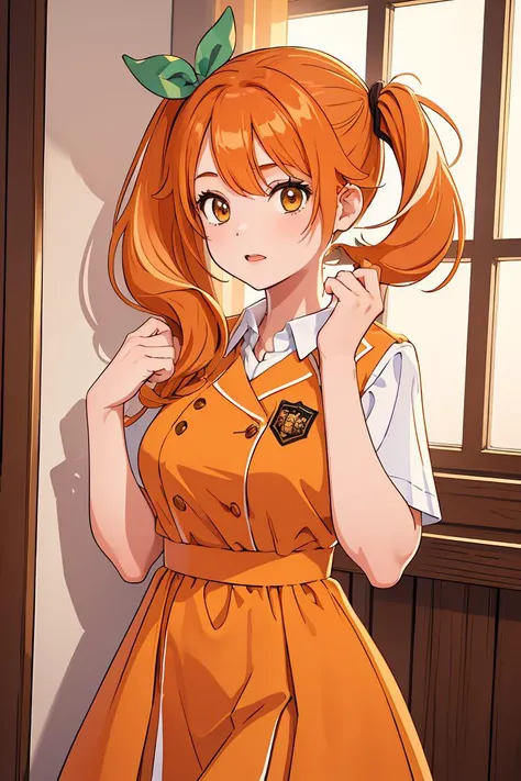 (masterpiece, best quality), 1girl, <lora:hareru:0.8> hareru, side ponytail, hair ribbon, orange hair, white collared shirt, orange dress