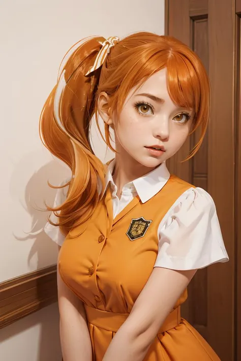 (masterpiece, best quality), 1girl, <lora:hareru:0.8> hareru, side ponytail, hair ribbon, orange hair, white collared shirt, orange dress