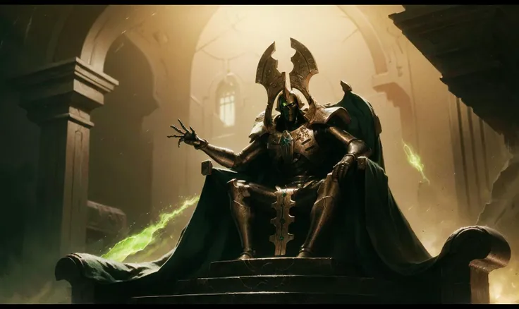 Horror setting, dark alien crypt, green glowing ancient writings on the wall, <lora:Szarekh MK1 by CARAXES:0.5> necron, szarekh, green glowing eyes, green glow aura, crown, cape, intricate detail geometric alien throne, sitting on throne, face closeup, Photorealistic, Hyperrealistic, Hyperdetailed, analog style, soft lighting, subsurface scattering, realistic, heavy shadow, masterpiece, best quality, ultra realistic, 8k, Intricate, High Detail, film photography, RAW candid cinema, 16mm, color graded portra 400 film, remarkable color, ultra realistic, shot with cinematic camera