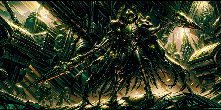 Generate a stunning art style, a true [masterpiece] [best quality] of art. The image showcases [detailed linework], [dynamic shading], and [dramatic lighting], bringing to life a [dreading atmosphere, grim dark coloures] . In the background a [ tomb  mausoleum, green glow, warhammer 40k] is to be seen in [grand:1.8, high-scale:1.8, panorama:1.8]  from  [from below].
szarekh [necron, solo], is [ full body view, charging forward, ].  He is wearing a [stunning intricate ornamented metallic armor, epic, reflective metal, bronze trimmings, glowing green eyes, cape, green glow].  He is holding a [holding staff].
<lora:more_details:1>   <lora:add_detail:1> <lora:Szarekh MK1 by CARAXES:0.7>