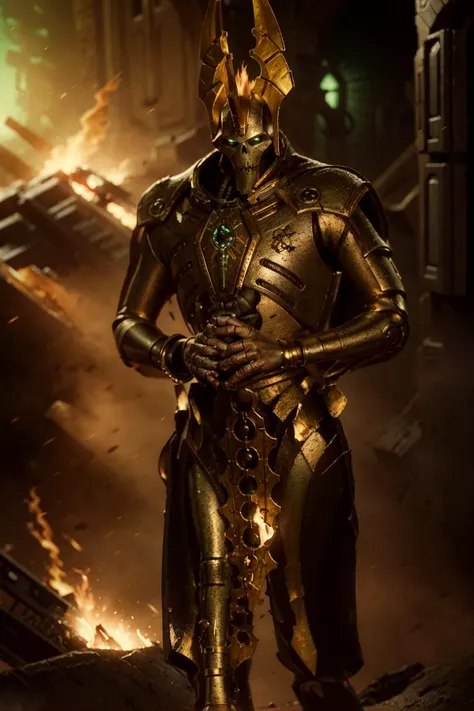 volumetric cinematic lighting, (highly detailed:1.4), smooth, sharp focus, full body 8k, action shot, realistic reflections, cinematic composition,
necron, szarekh, <lora:Szarekh MK1 by CARAXES:0.8>
green glowing eyes, green glow aura, crown,
intricate ornamented armor, silver detailing, bronze detailing, gold detailing, aged metal, holding staff, glowing staff, cape,
upper body focus, close up,
desert battle field, laser ricochet, brutal scene, shits blowing up, explosion, fire, flame, dogs getting kicked, no ones happy, your wife divorced you, she took the kids, had to do it to em, cinematic lighting, soft shadows, <lora:artstyle - hipoly_3dcg_v7-epoch-000012:0.8> <lora:tool - add_detail:1>
