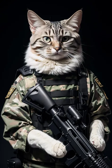 masterpiece,best quality,ultra-detailed,photorealistic,realistic,photography,black_background,handheld weapons,assault rifle,cat,solo,upper body,<lora:cat_20230830012735-000005:0.6>,