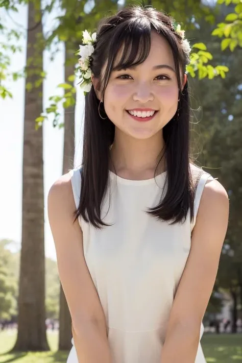 1girl, (wearing a sleeveless dress:1.6),(RAW photo, best quality), (realistic, photo-realistic:1.4), masterpiece, an extremely delicate and beautiful, extremely detailed, 2k wallpaper, Amazing, finely detail, extremely detailed CG unity 8k wallpaper, ultra-detailed, highres, soft light, beautiful detailed girl, extremely detailed eyes and face, beautiful detailed nose, beautiful detailed eyes,cinematic lighting,(in the park:1.8),perfect anatomy,slender body,(laugh:1.4),(young girl:1.4),(close up:1.6),(look at viewer:1.4),(front view:2.0),cinematic angle,(wavy long hair:1.2),standing,(cleavage:1.0), <lora:hinoharaayumi_lora-03:0.8>