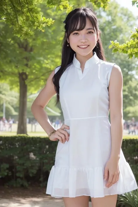 1girl, (wearing a sleeveless dress:1.6),(RAW photo, best quality), (realistic, photo-realistic:1.4), masterpiece, an extremely delicate and beautiful, extremely detailed, 2k wallpaper, Amazing, finely detail, extremely detailed CG unity 8k wallpaper, ultra-detailed, highres, soft light, beautiful detailed girl, extremely detailed eyes and face, beautiful detailed nose, beautiful detailed eyes,cinematic lighting,(in the park:1.8),perfect anatomy,slender body,(laugh:1.4),(young girl:1.4),(cowboy shot:2.0),(look at viewer:1.4),(front view:2.0),cinematic angle,(wavy long hair:1.2),standing,(cleavage:1.0), <lora:hinoharaayumi_lora-03:0.8>