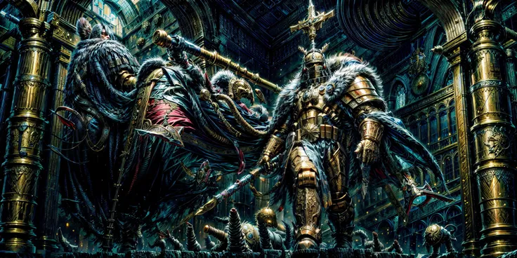 Generate a stunning art style, a true [masterpiece] [best quality] of art. The image showcases [detailed linework], [dynamic shading], and [dramatic lighting], bringing to life a [dark atmosphere, grim coloures] . In the background a [gothic hive city, palace] is to be seen in [grand, high-scale, panorama]  from  [from below].
[male, 1boy, solo]  is  [full body:1.5, charging forward, from from above]. He is  wearing [thunderwarrior armor, intricate mask, helmet details, red plume, visor, full armor, gold armor, armor detail, gold trimmings, cape, fur trim,]. He is holding a [flag].
<lora:more_details:1>  <lora:add_detail:1>  <lora:THUNDERWARRIORS MK1 by CARAXES:0.7>
