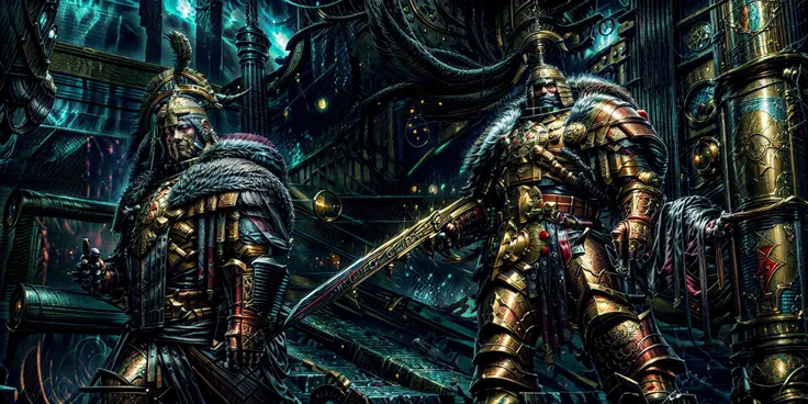 Generate a stunning art style, a true [masterpiece] [best quality] of art. The image showcases [detailed linework], [dynamic shading], and [dramatic lighting], bringing to life a [dark atmosphere, grim coloures] . In the background a [gothic hive city] is to be seen in [grand, high-scale, panorama]  from  [from below].
[male, 1boy, solo]  is  [full body:1.5, charging forward, from from above]. He is  wearing [thunderwarrior armor, intricate mask, helmet details, red plume, full armor, gold armor, armor detail, gold trimmings, cape, fur trim,]. He is holding a [sword].
<lora:more_details:1>  <lora:add_detail:1>  <lora:THUNDERWARRIORS MK1 by CARAXES:1>