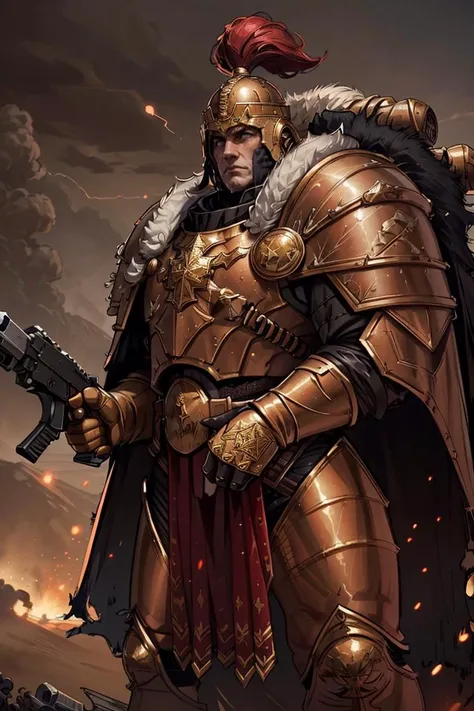 cinematic shot,masterpiece,best quality,high quality, <lyco:GoodHands-beta2:1.0> 1boy, (detailed face:1.3),wearing thunderwarrior armor, helmet details, red plume, full armor, gold armor, gold trimmings, cape, fur trim, holding gun, pointing gun, tall stature, battle, army, firing, gun, sandstorm, dune,debris, dark ambiance, <lora:THUNDERWARRIORS MK1 by CARAXES:0.8>, <lora:more_details:0.3>,armor detail,scenery
