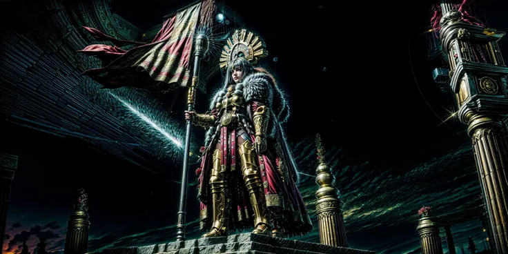 Generate a stunning art style, a true [masterpiece] [best quality] of art. The image showcases [detailed linework], [dynamic shading], and [dramatic lighting], bringing to life a [dark atmosphere, grim coloures] . In the background a [gothic hive city, palace] is to be seen in [grand, high-scale, panorama]  from  [from below].
Masazumi Honda, [female, 1girl, solo]  is  [full body:1.5, charging forward, from from above]. She is  wearing [thunderwarrior armor, intricate  details, red plume, full armor, gold armor, armor detail, gold trimmings, cape, fur trim,]. She is holding a [flag,].
<lora:more_details:1>  <lora:add_detail:1>  <lora:THUNDERWARRIORS MK1 by CARAXES:0.7>  <lora:Masazumi_Honda_v1:0.7>