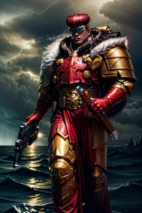 photo of josuke, wearing thunderwarrior armor, visor, smoking cigar, full armor, gold armor, armor detail,  red plume, cape, fur trim, holding gun, hand on hilt, tall stature, <lora:tool - add_detail:1> 
standing by sea storm, heavy rain , red glowing eyes, dark ambiance,   <lora:THUNDERWARRIORS MK1 by CARAXES-000029:0.7> <lora:subject - josukejojo2:0.6>
