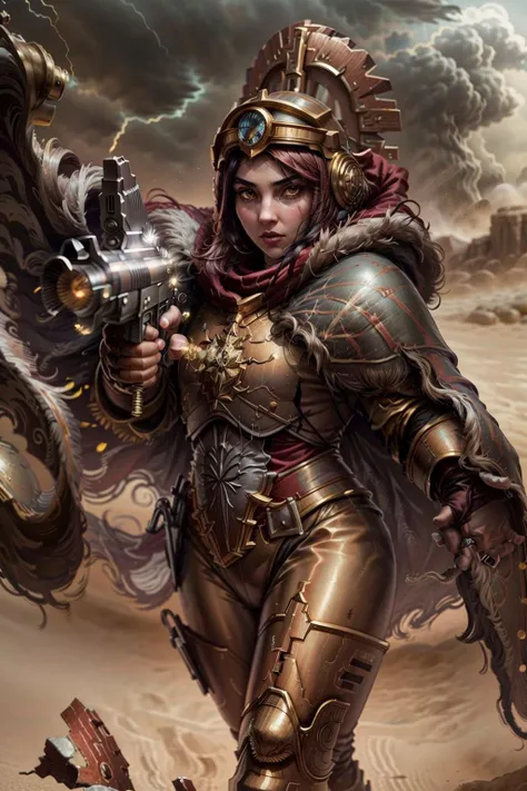 photo of 1girl, jasmine, wearing thunderwarrior armor, red visor, , helmet details, red plume, full armor, gold armor, armor detail, gold trimmings, cape, fur trim, holding sword, holding gun, aiming gun at viewer, dual wielding, pointing gun, tall stature, <lora:tool - add_detail:1>
battle, army, firing, gun,
standing by desert storm, sandstorm, dune, dark ambiance, <lora:THUNDERWARRIORS MK1 by CARAXES-000029:0.7> <lora:pose - gunAimingAtYouV1:0.6> <lora:subject - jasmineV3:0.7>