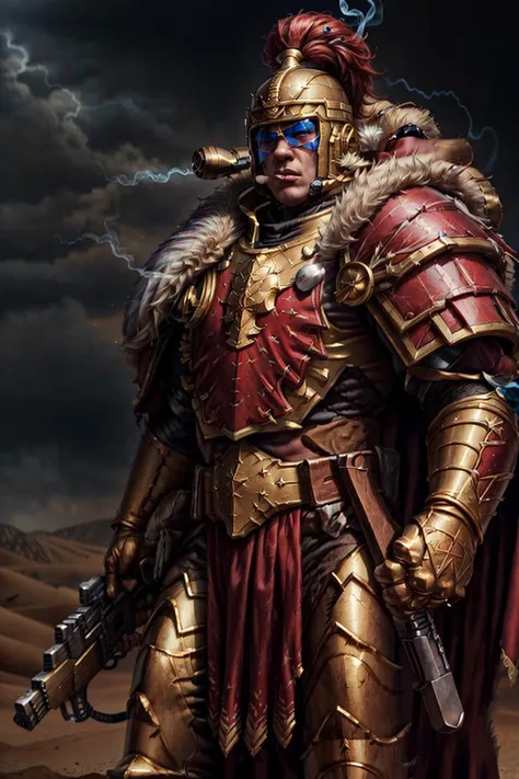 photo of josuke, wearing thunderwarrior armor, visor, smoking cigar, helmet visor, full armor, gold armor, armor detail, red plume, cape, fur trim, holding gun, hand on hilt, tall stature, <lora:tool - add_detail:1>
standing by desert storm, sandstorm, dune, dark ambiance, <lora:THUNDERWARRIORS MK1 by CARAXES-000029:0.7> <lora:subject - josukejojo2:0.6>
