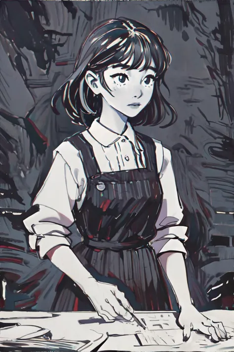 <lora:pencilsketch:0.8>, monochrome, traditional media, sketch, woman wearing Pinafore dress and ruffled blouse, <clip:skip:2>, masterpiece, 8k, high resolution, shallow depth of field, sharp focus