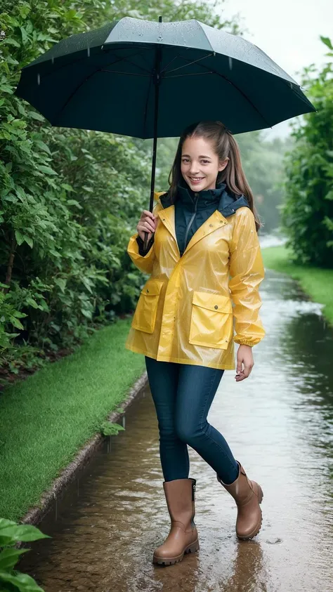 Yellow hood raincoat girl,stand posture,Positive perspective,Barefoot and barefoot,Downpour site,Accentuates the raincoat gel texture,Accentuates the translucent texture of the raincoat。